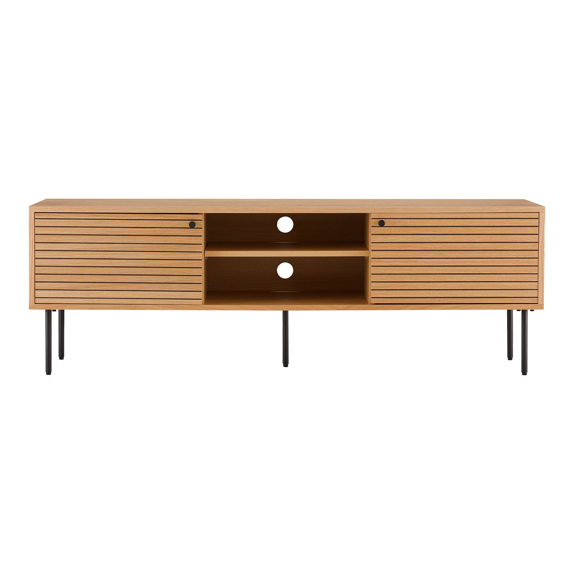 Kyoto – TV-Bank, 2 Türen, 2 Fächer, Eichenfurnier, schwarze Metallbeine, 150 × 40 × 50 cm
